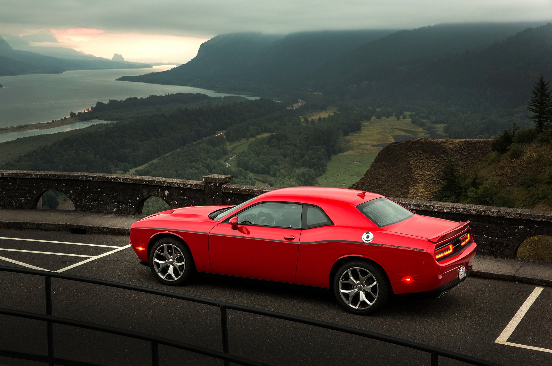 dodge challenger 2015 muscle car landscape valley river forest mountain sunset road