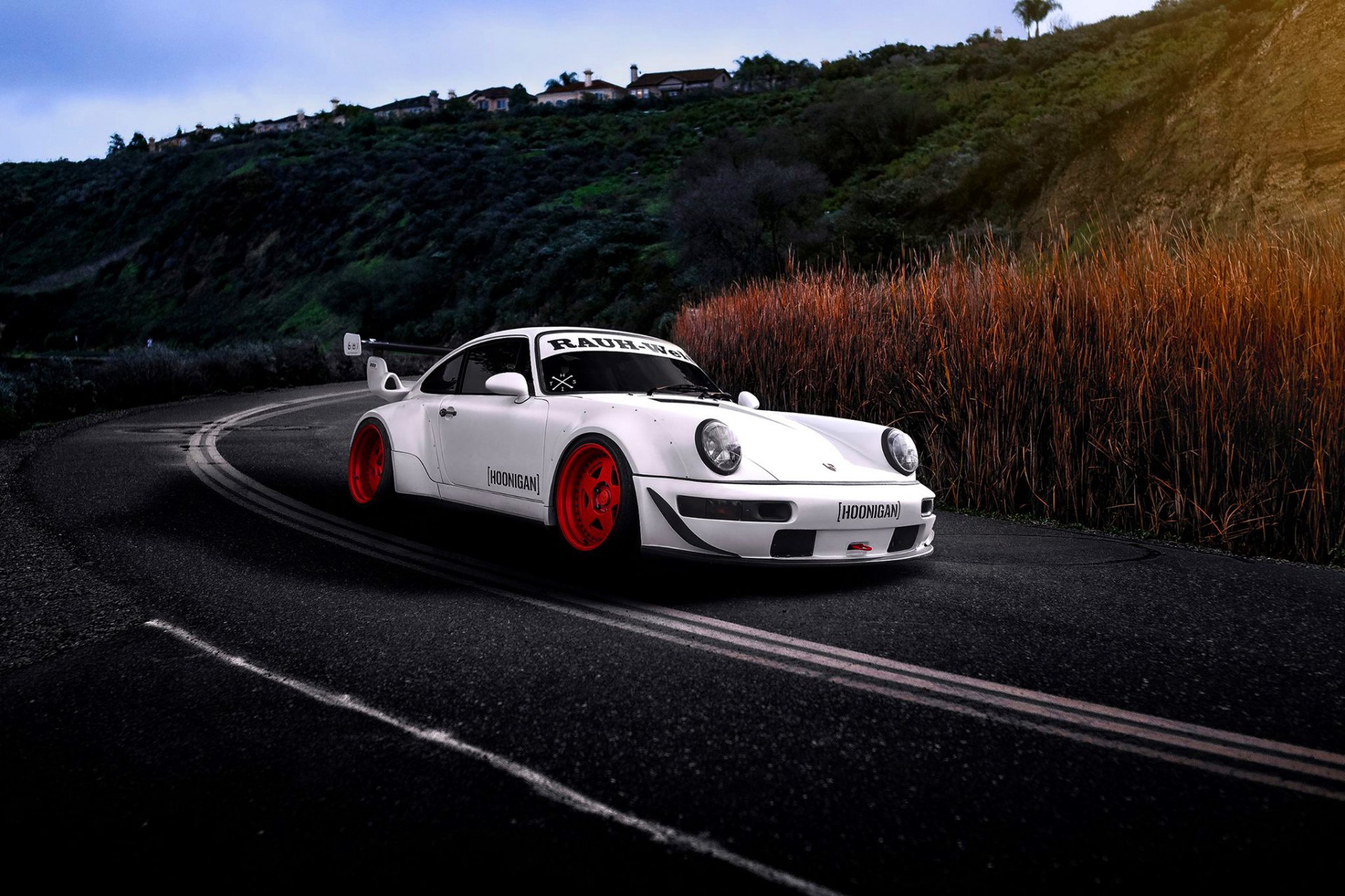 porsche rwb hoonigan white road car sun