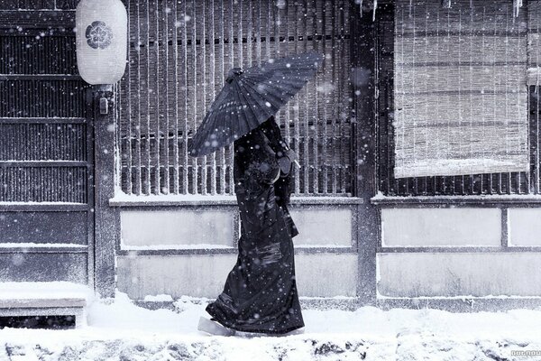 Desktop-Japanerin geht unter dem Schnee mit einem Regenschirm