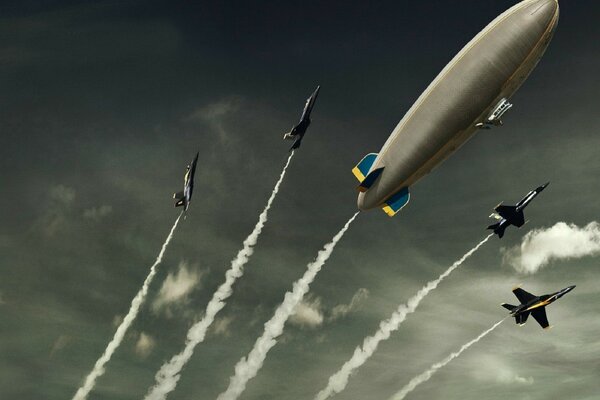 The airship and the planes left a trail in the sky after takeoff