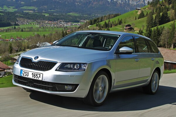 Skoda couleur argent sur fond de montagnes vertes