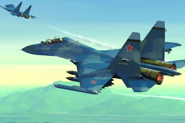 Commercial aircraft SU-30 mk in flight over the mountains