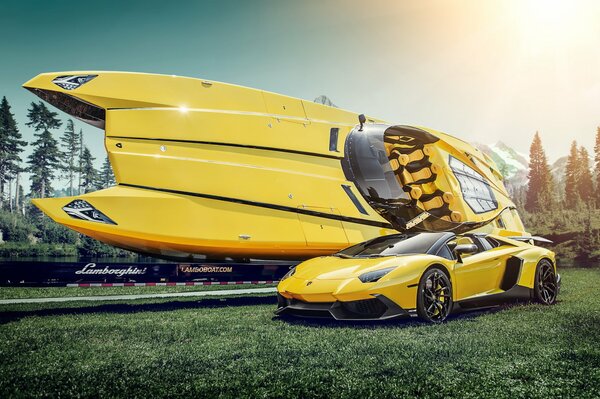 Yellow Lamborghini supercar and boat