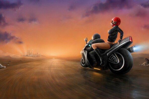Mädchen mit rotem Helm und nackten Füßen auf einem Motorrad