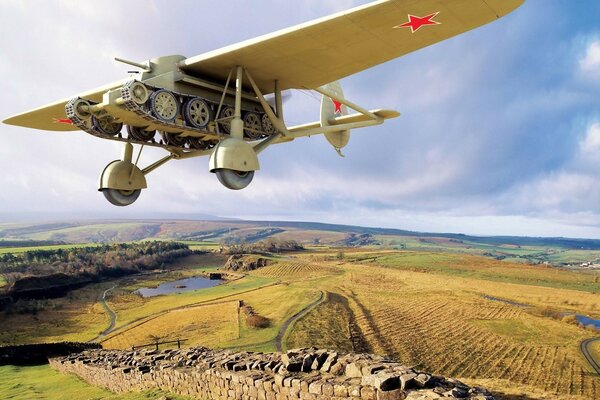 Fliegender fantastischer Panzer über dem Feld