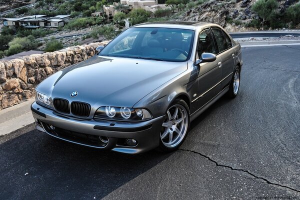 BMW M5 argenteo nella gola rocciosa