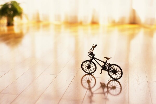 A toy bicycle stands on the parquet floor