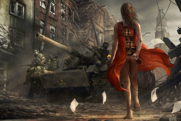 Mädchen im roten Kleid im Krieg