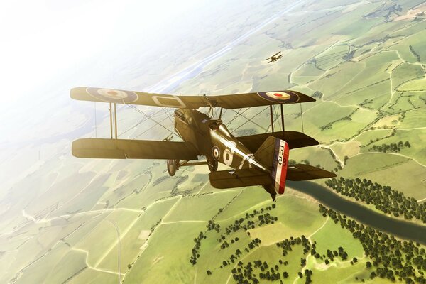 Vuelo del avión sobre campos y ríos