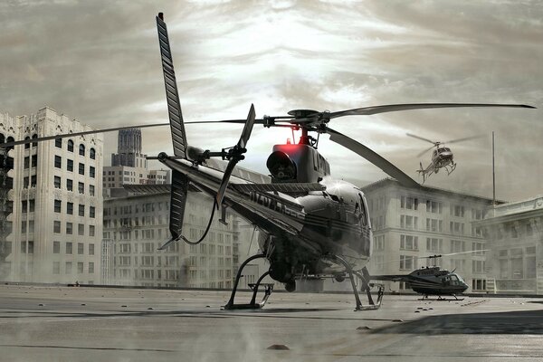 Hélicoptère sur la piste près des bâtiments