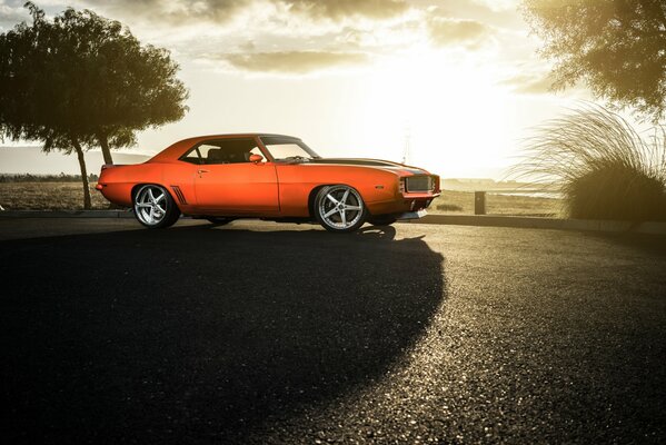 Orange Retro-Auto in der Natur in Schwarz-Weiß-Tönen