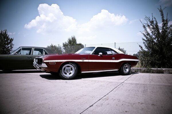 Red car with white stripe