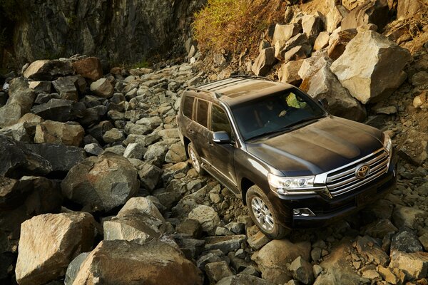 Toyota Land Cruiser sur fond de route rocheuse et montagnes