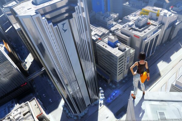 A girl standing on the edge of a skyscraper roof