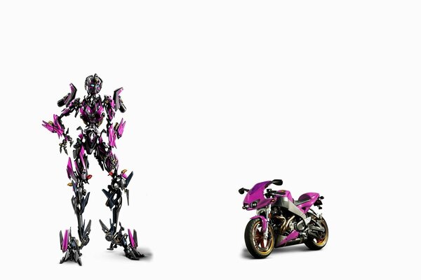 Purple robot next to a bike on a white background
