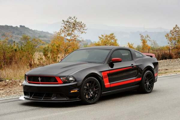 Ford Mustang nera con messa a punto rossa, angolo anteriore, pista panoramica