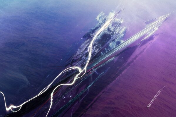 Líneas luminosas caóticas con flechas sobre un fondo de agua púrpura