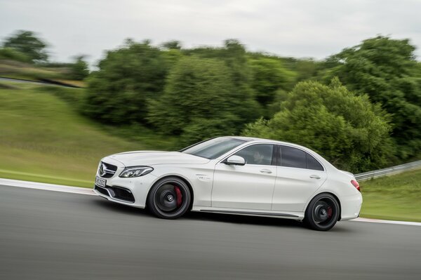 Un Mercedes blanco conduce por una carretera cerca de la que crecen los árboles