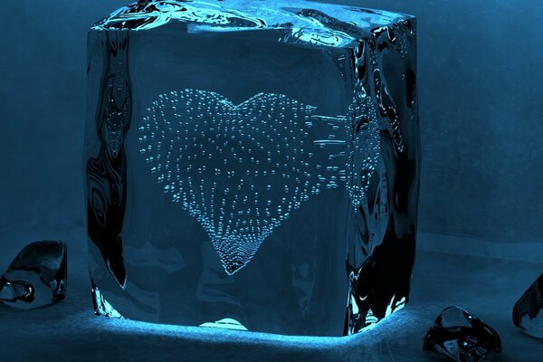 A heart made of bubbles inside an ice cube