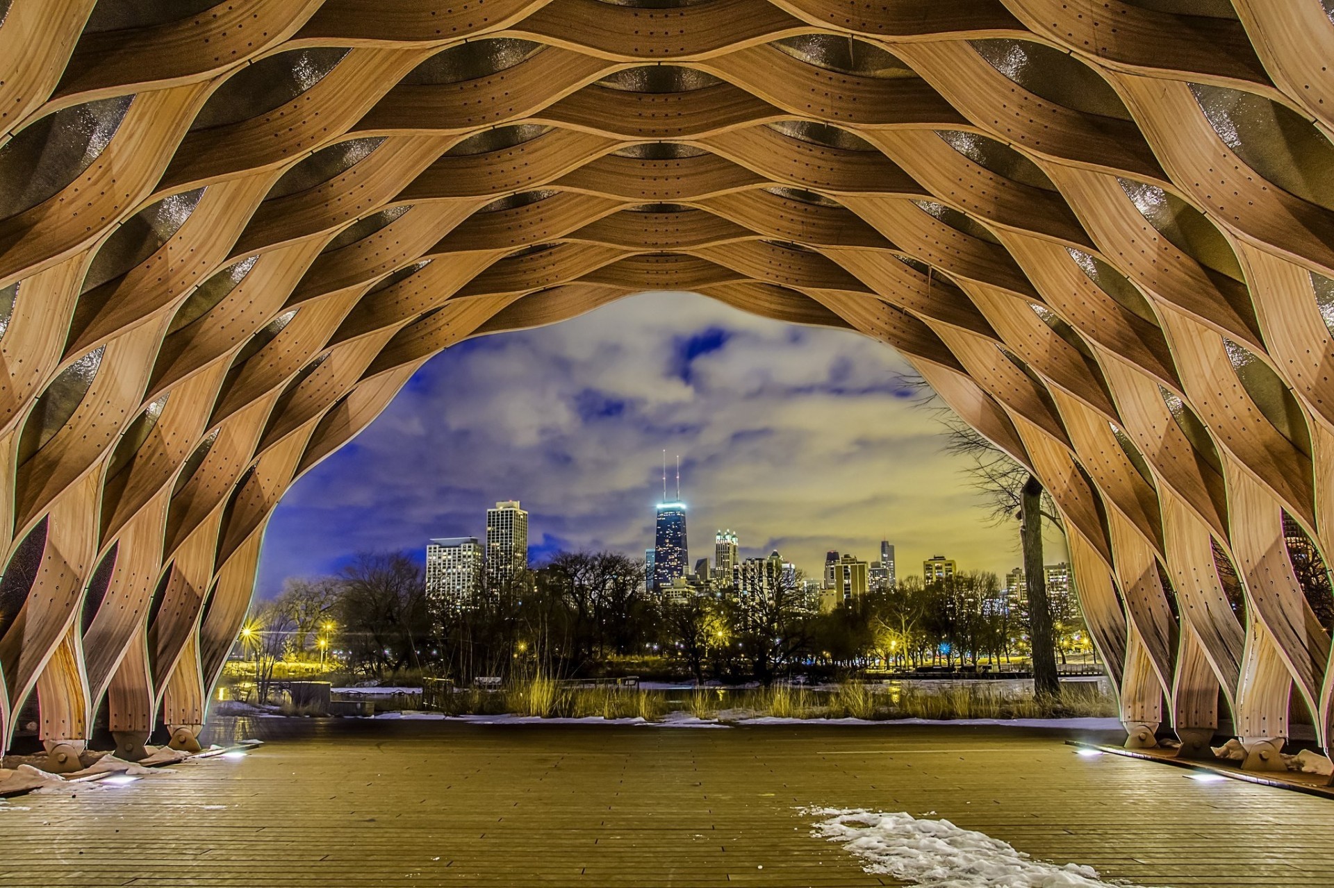 luces chicago arco árboles rascacielos noche edificio nieve américa estados unidos invierno