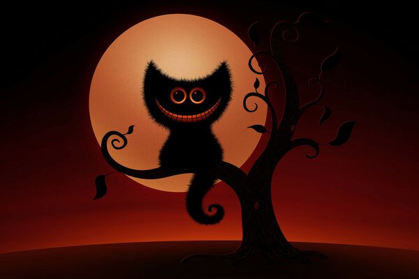 Gatto di Halloween sull albero di notte