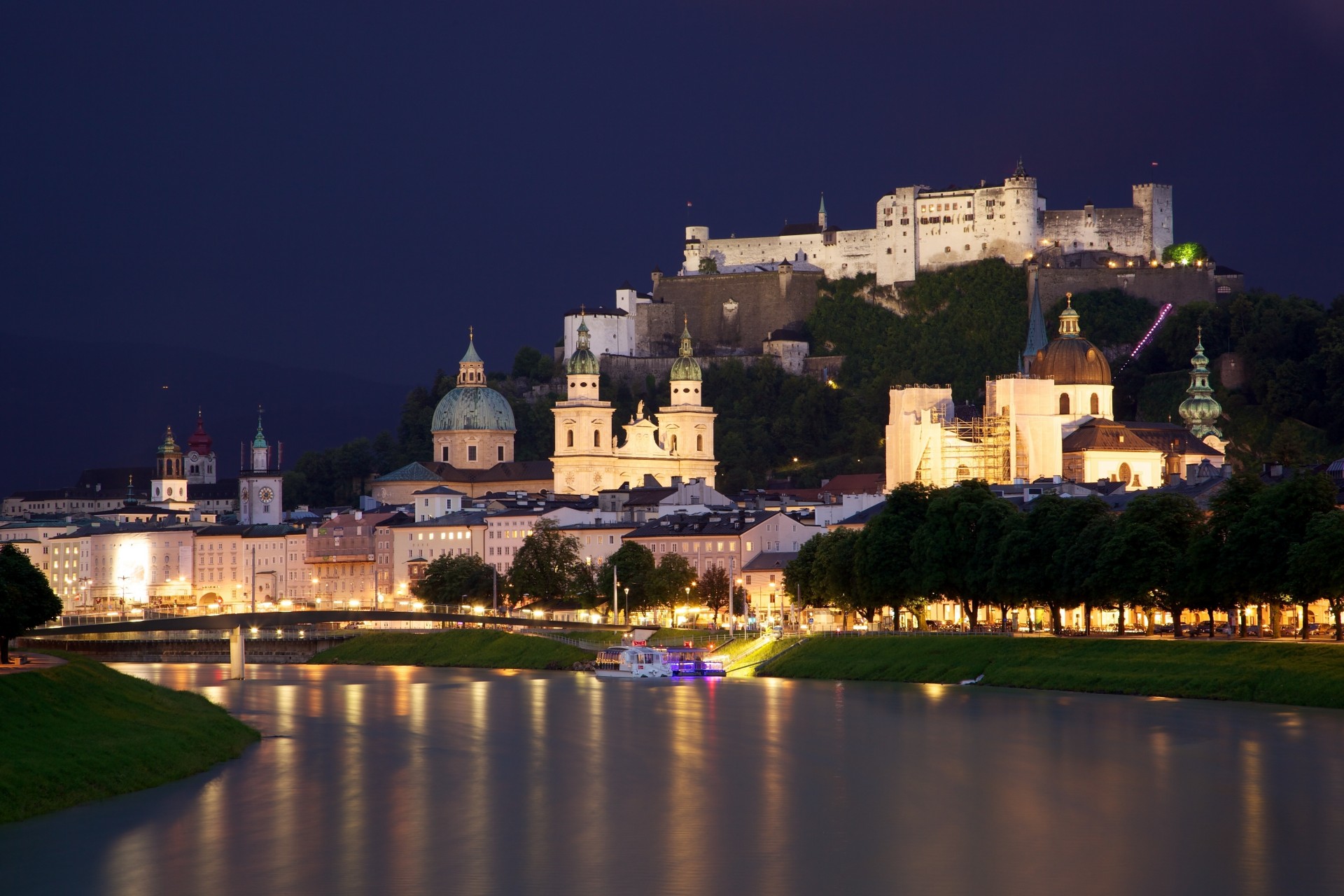 lights church cathedral night river lock bridge wharf town salzburg salzach austria chapel house