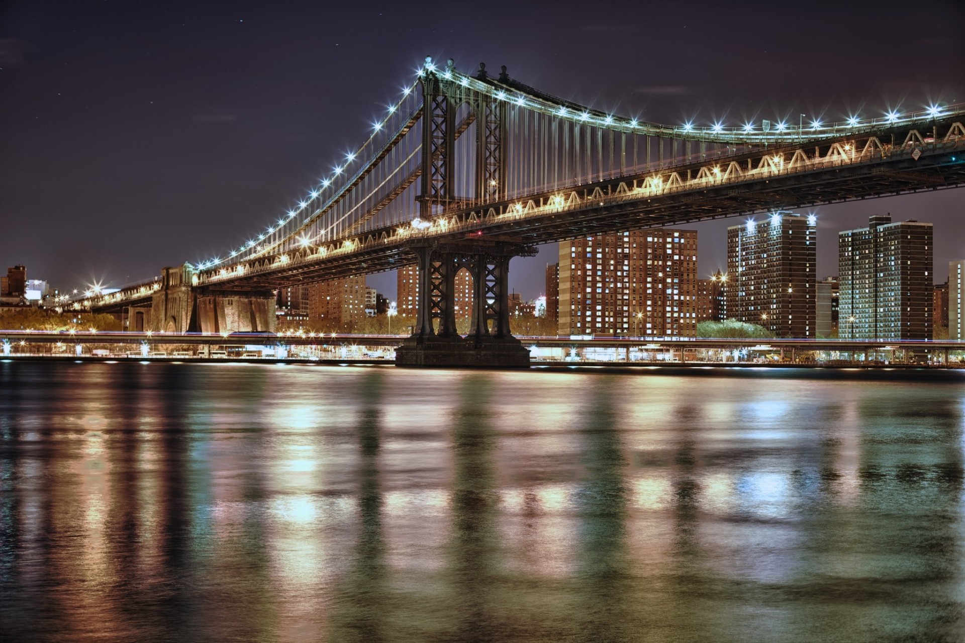 luces noche puente ciudad nueva york puente de manhattan