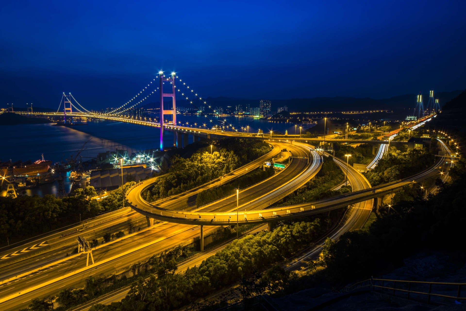 notte ponte città hong kong strada