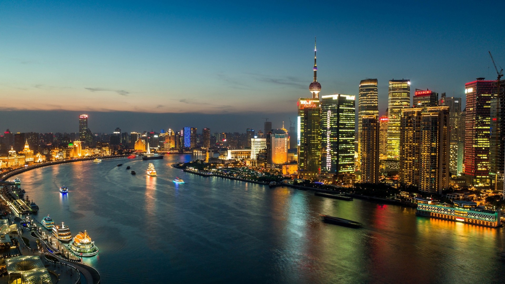 lights huangpu river china skyscrapers shanghai panorama building night city