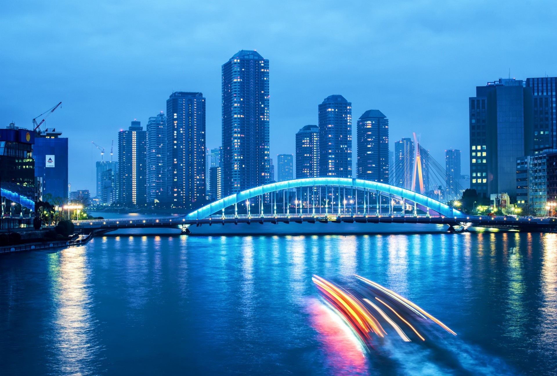 lights clouds light darkness river bridge skyscraper tokyo metropolis night sky japan capital blue