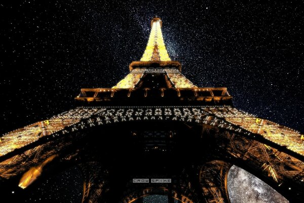 The Eiffel Tower looks up into the sky