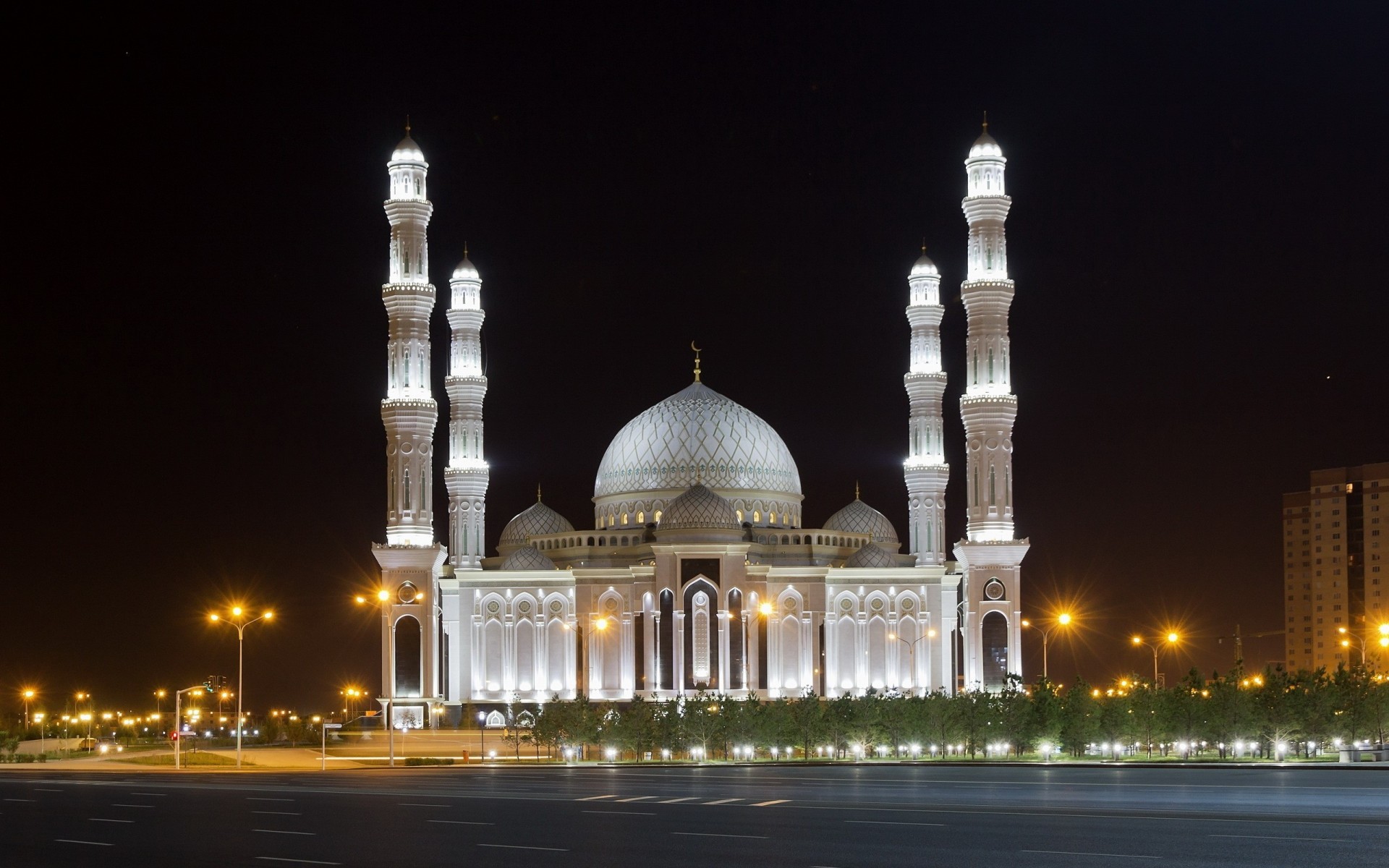 light mosque night town road