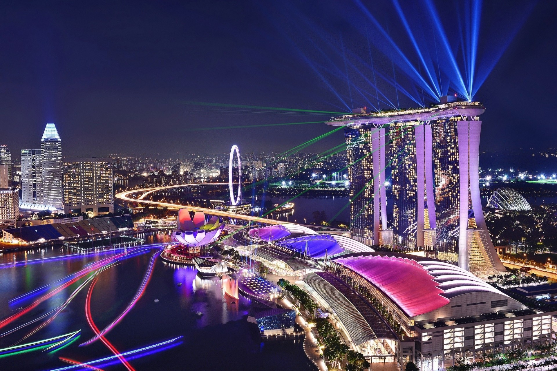 luces noche singapur ciudad marina bay sand