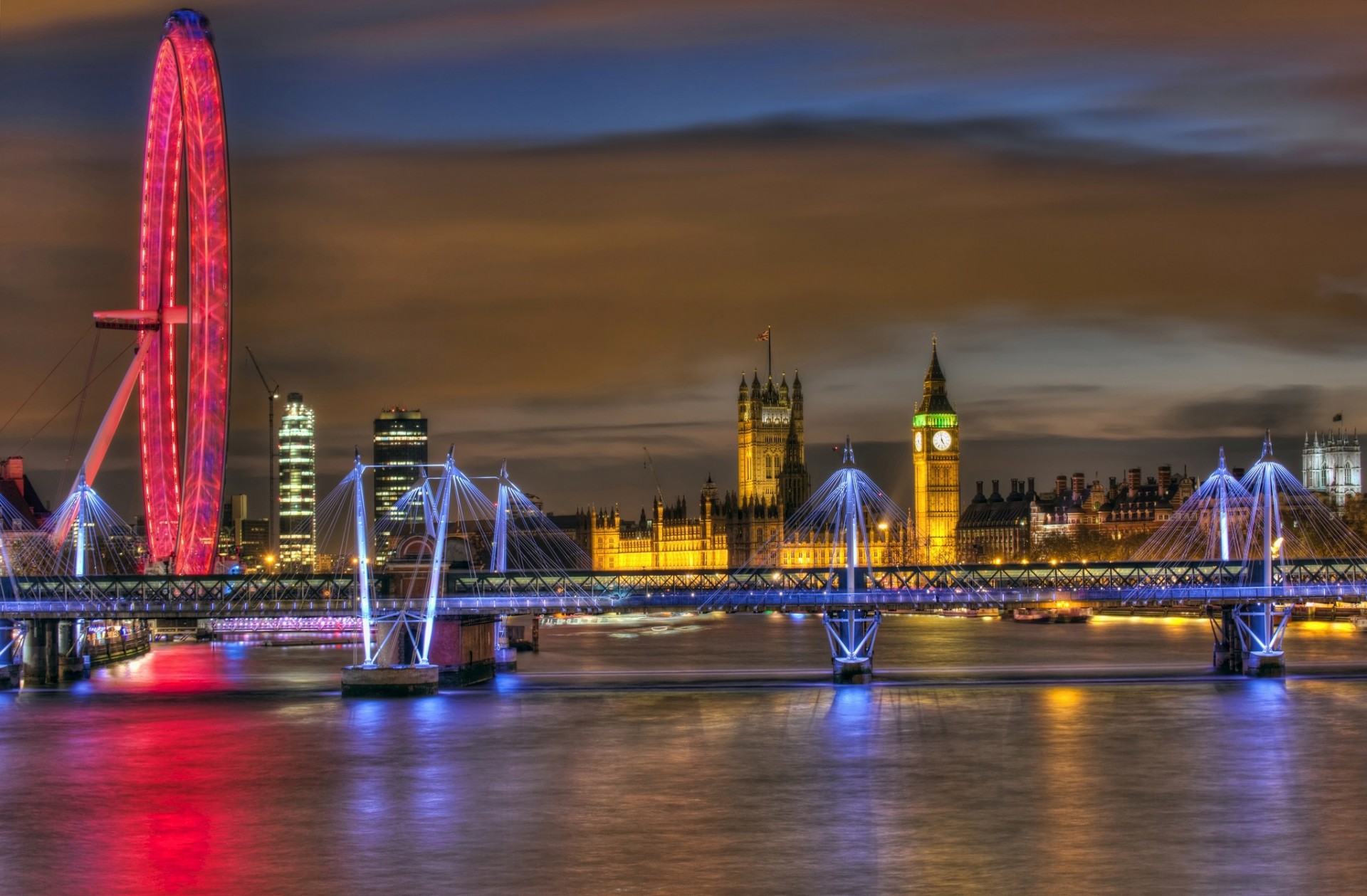 angleterre nuit rivière pont big ben royaume-uni grande roue londres palais de westminster tamise éclairage london eye