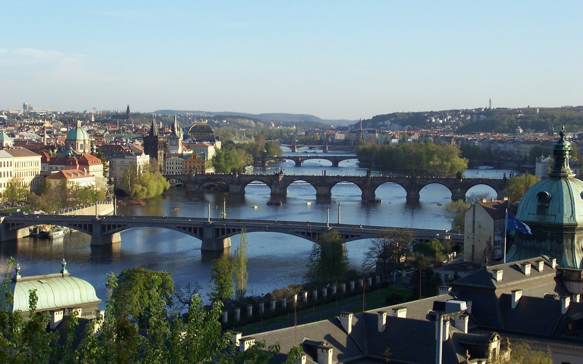 beautiful views bridge through town prague czech republic river vltava . to panoramany