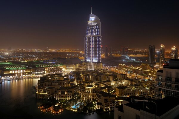 Vista de pájaro de la noche de Dubai