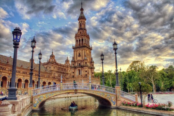 Bridge over the river with lanterns in Spain