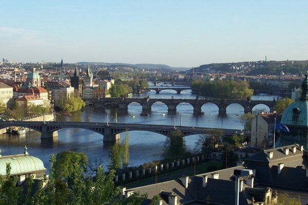 View of bridges across the Vlatva River. Panoramic view