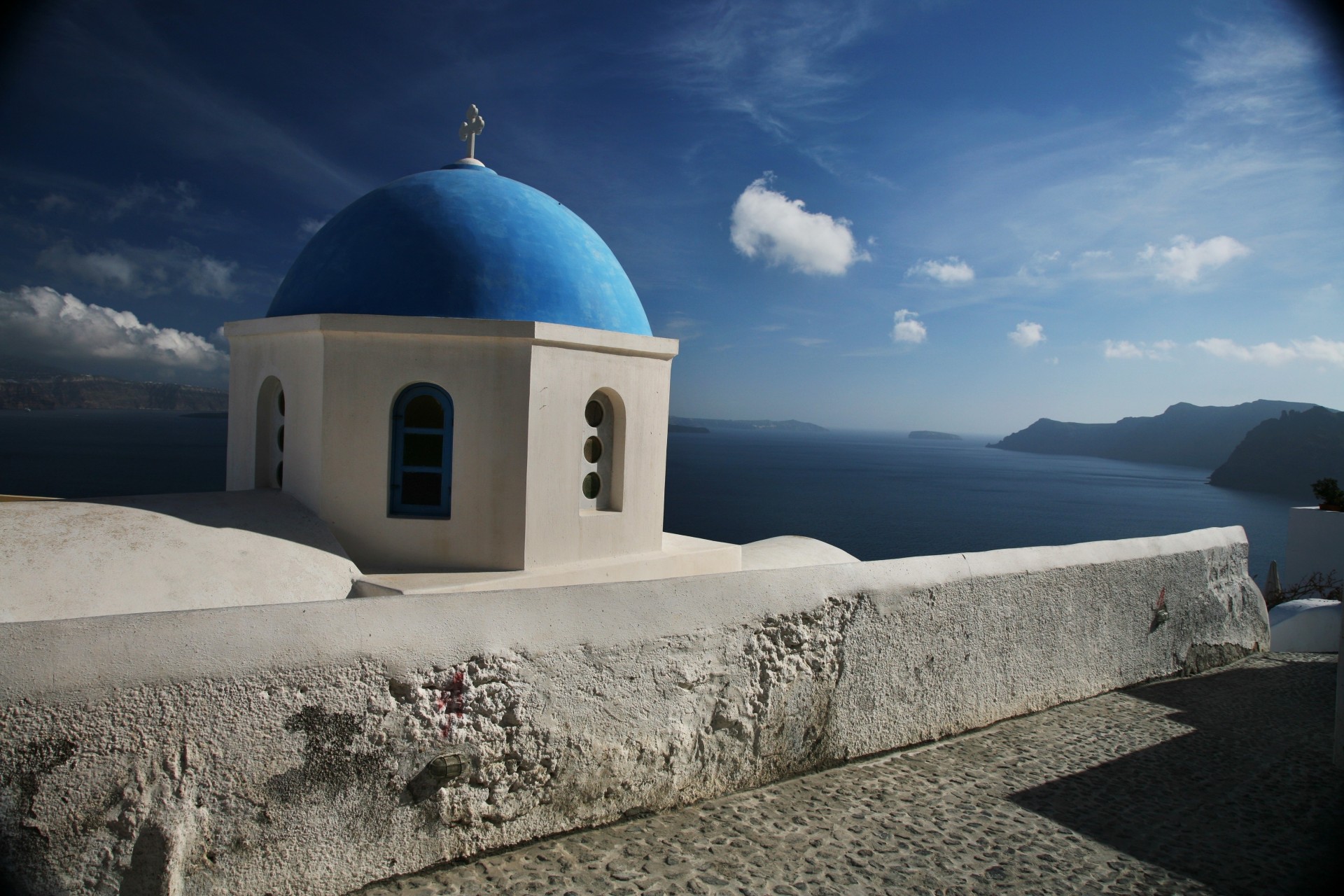 kirche himmel griechenland wolken meer santorini kuppel berge