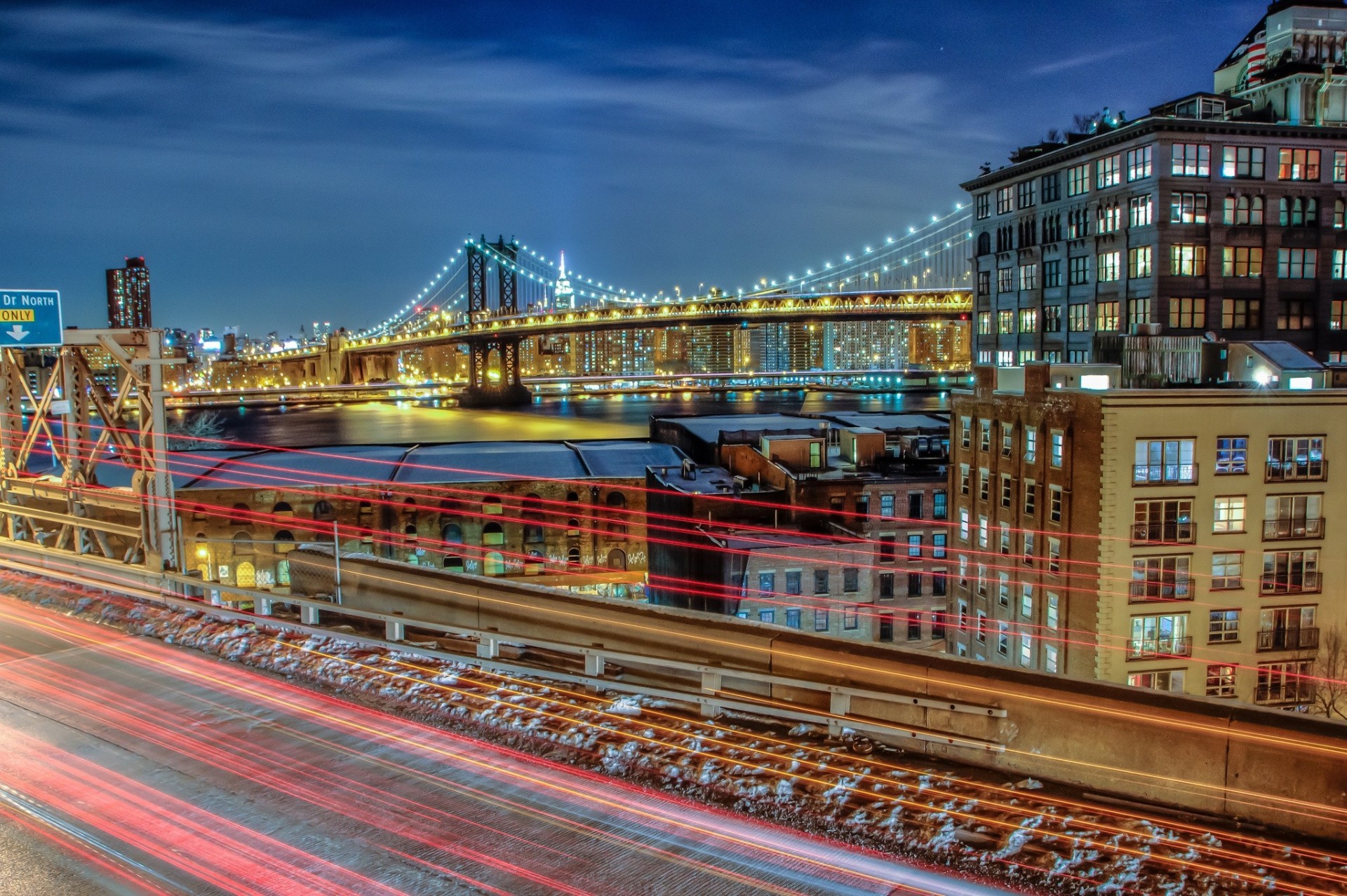 lichter nacht new york city brücke manhattan bridge brooklyn bridge usa