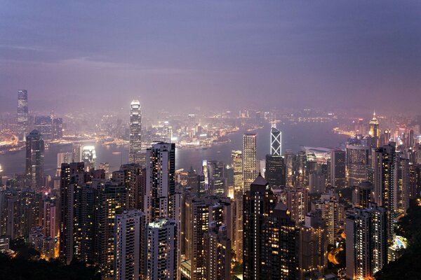 Hong Kong skyscrapers top view at night