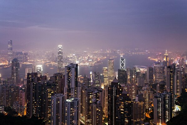 Rascacielos de Hong Kong vista desde arriba por la noche