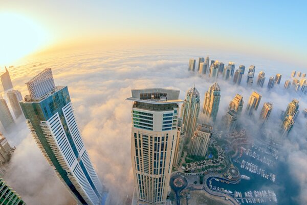 View of the misty skyscrapers of Dubai