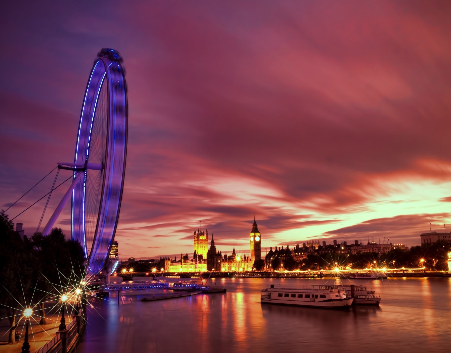 lichter nacht architektur fluss beleuchtung england riesenrad london großbritannien themse hauptstadt uferpromenade