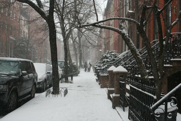 Winter in New York. A street in the snow