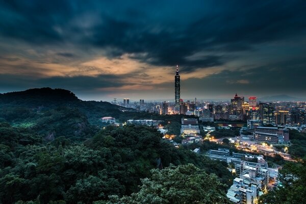 NOCNE MIASTO Tajwan widok z nieba