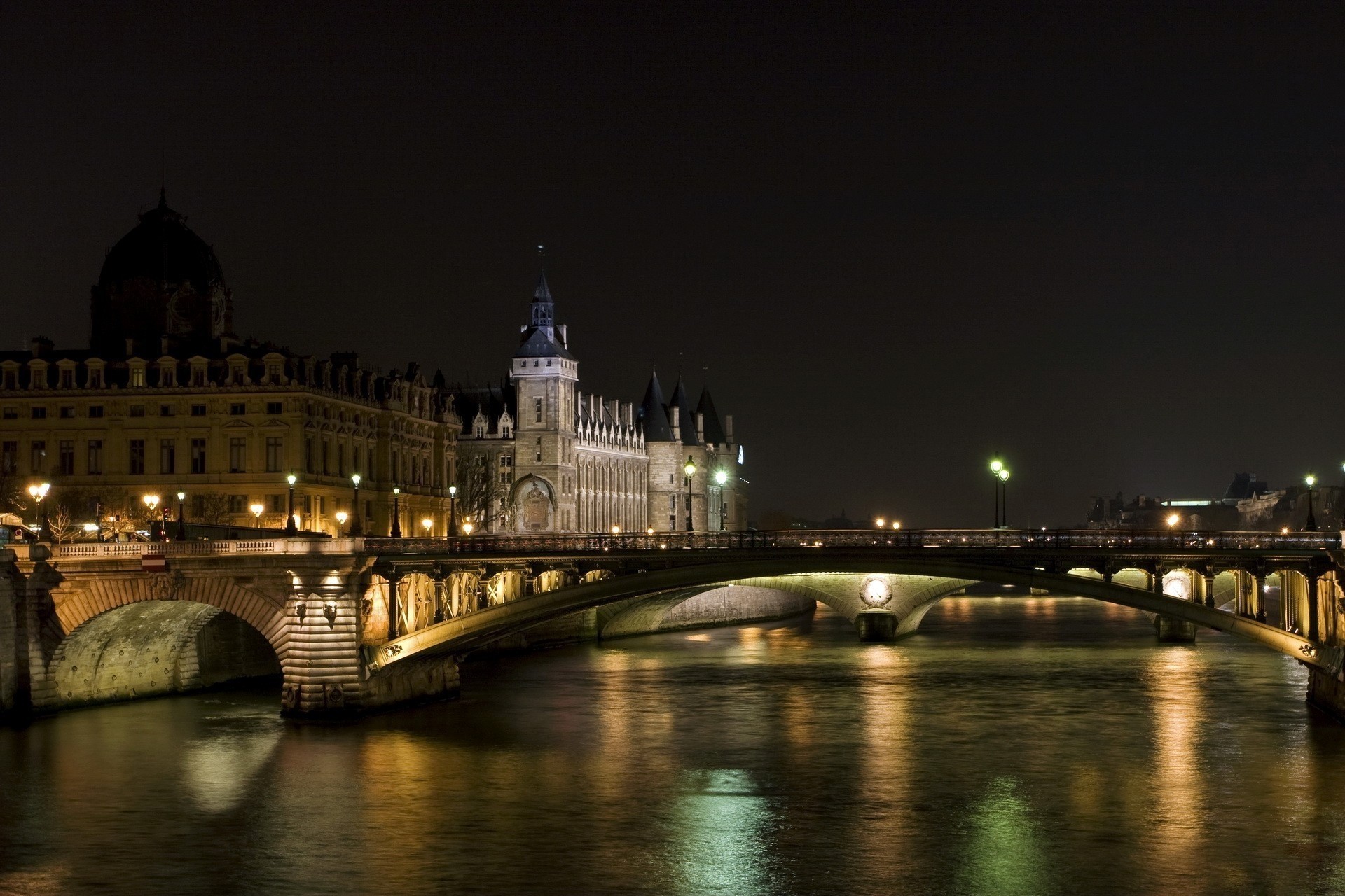 lights night france bridge paris town water building channel