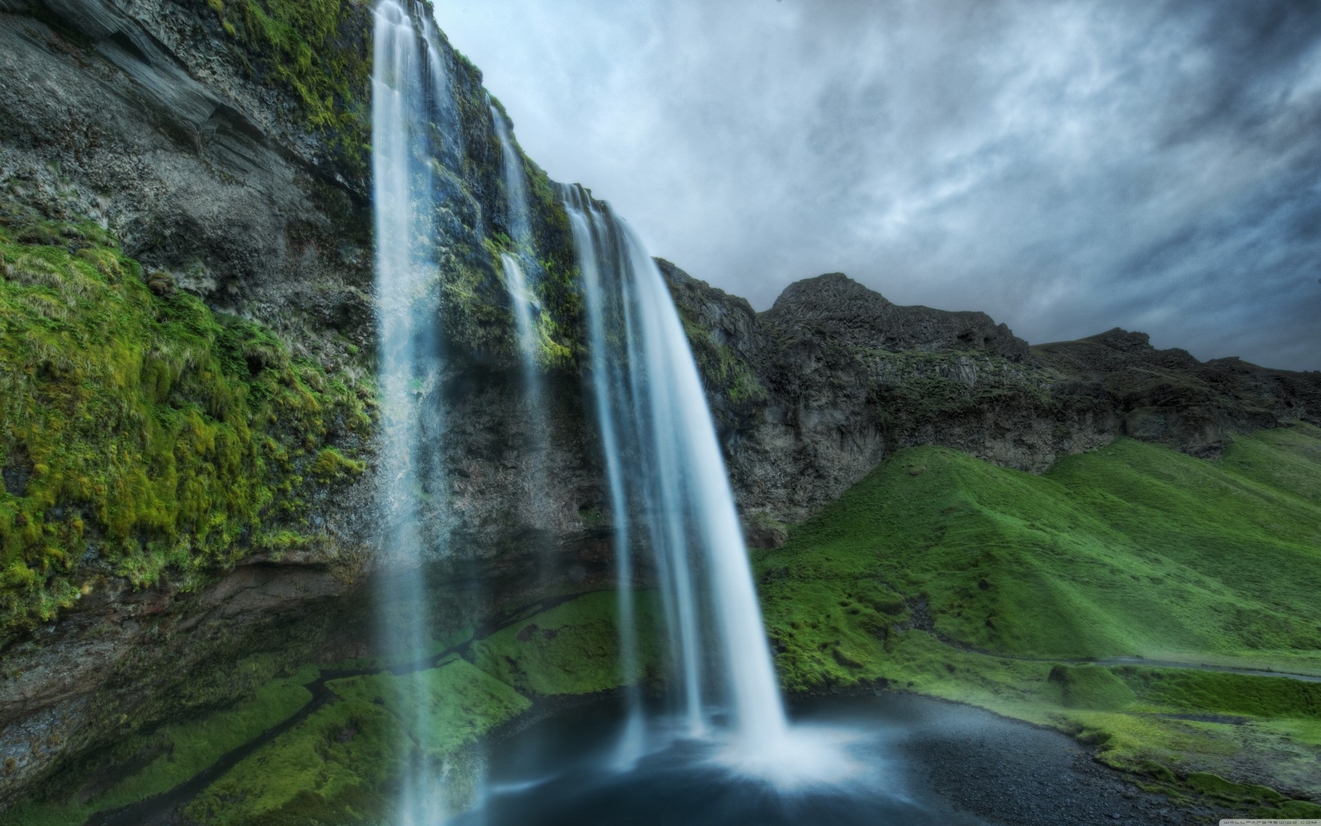 iceland waterfall nature hills mountain