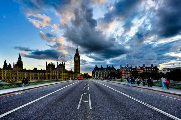 A wide road in London to Big Ben