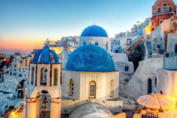 The bright roofs of Santorini in Greece